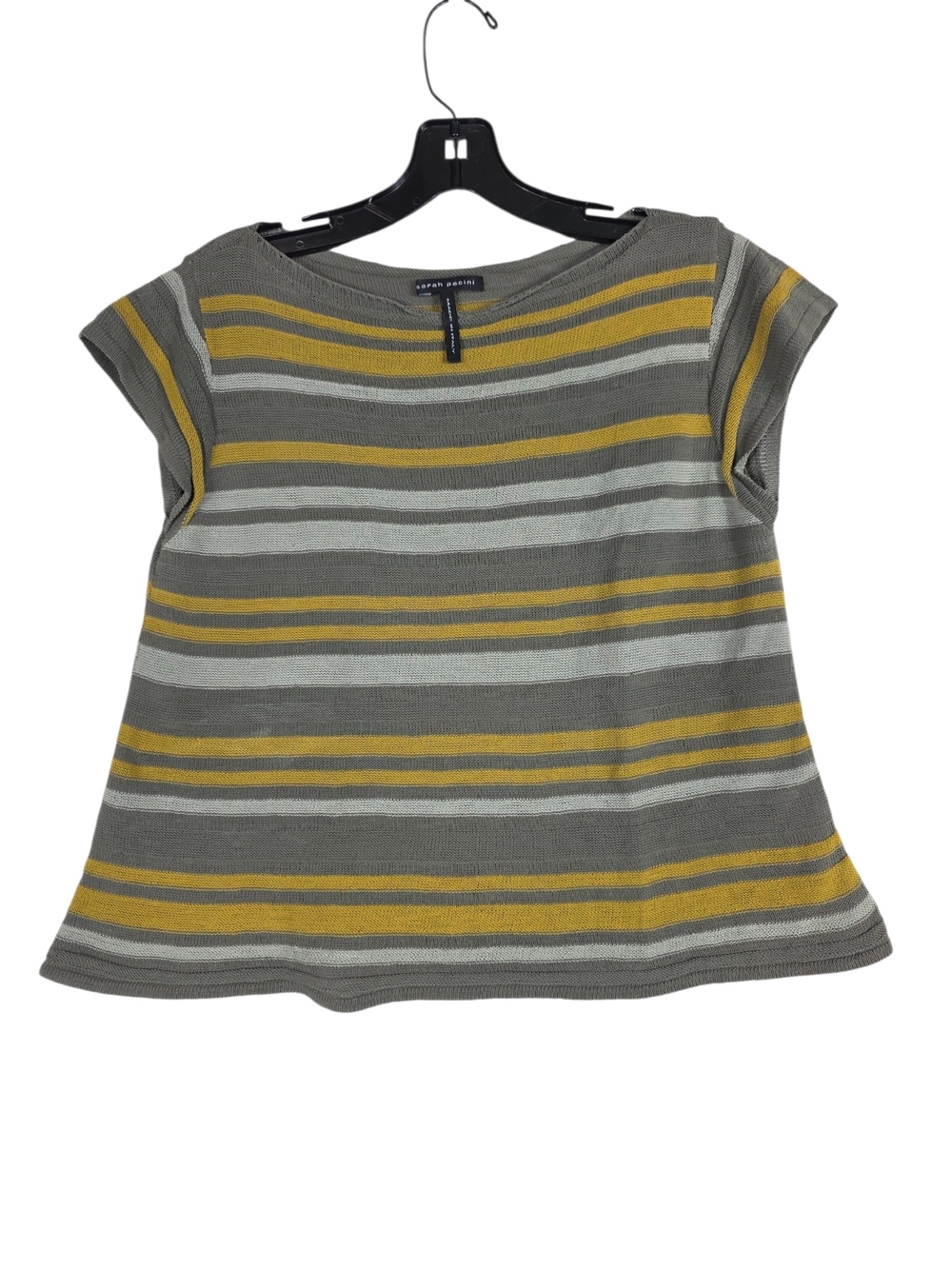 Sarah Pacini linen Boat neck Striped Cap-Sleeve Knit Top — Gray & Mustard